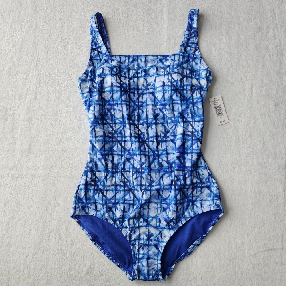NEW Speedo One Piece Swimsuit Womens 8 Blue Tie Dye Abstract Athletic Beach Swim